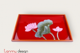 Red rectangle lacquer tray, orange border hand painted with lotus 18*30*H2cm